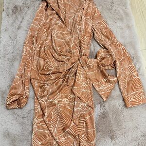 Blush Rust and Cream Leaf-Print Wrap Dress